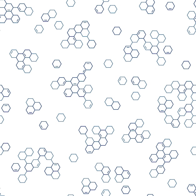 Vector hexagonal molecular structure seamless pattern chemical bonds scientific wallpaper abstract geometric shapes honeycomb particles biochemistry research genome cells vector background