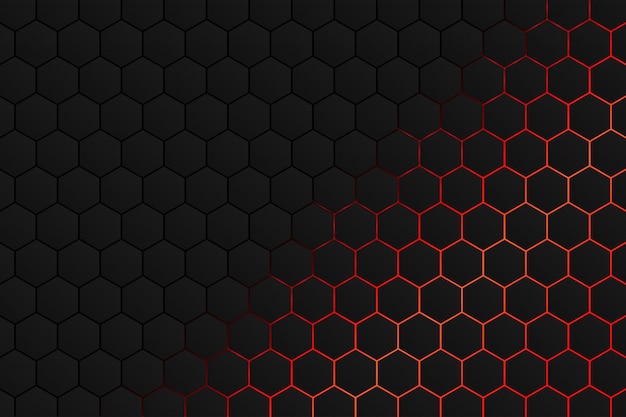 六角形、赤い光の背景を持つブラックグレーパターン