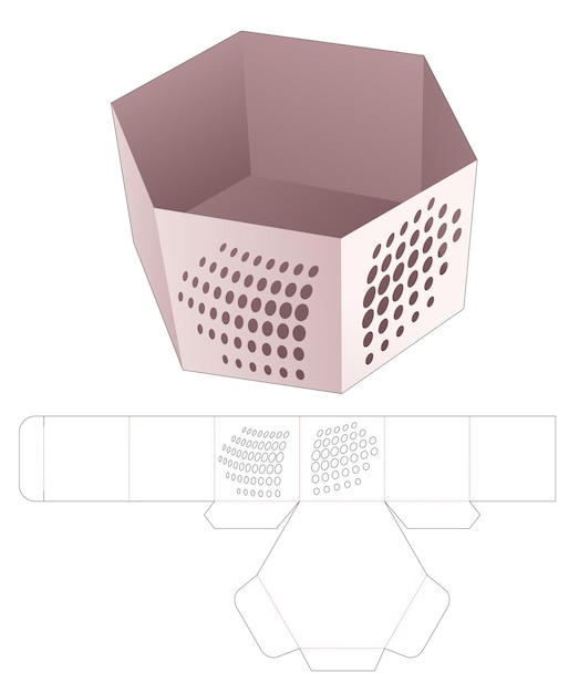 Hexagonal snack container with stenciled halftone dots die cut template