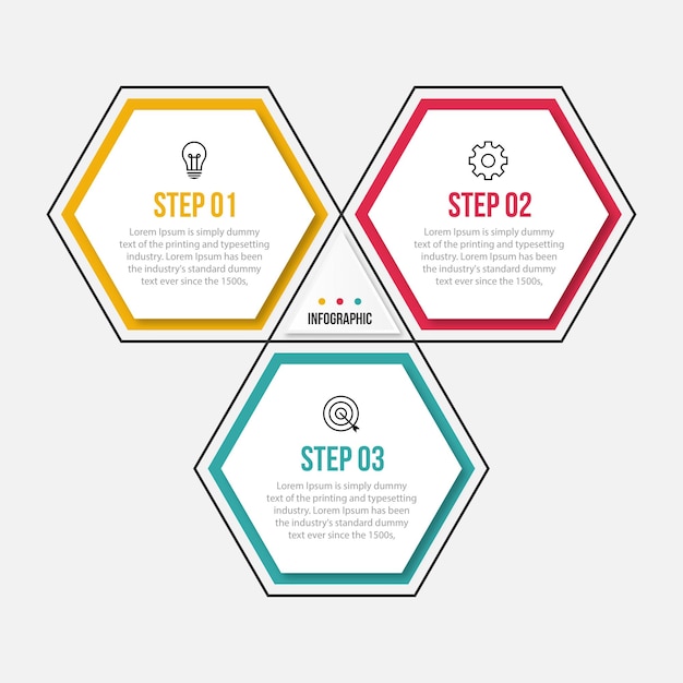 Hexagonal style three steps business infographic template