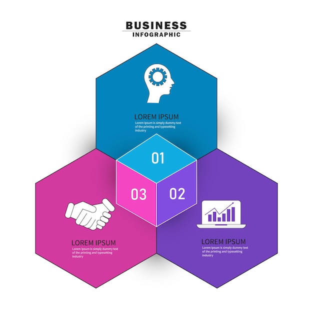 Hexagonale vorm drie stappen infographics sjabloon