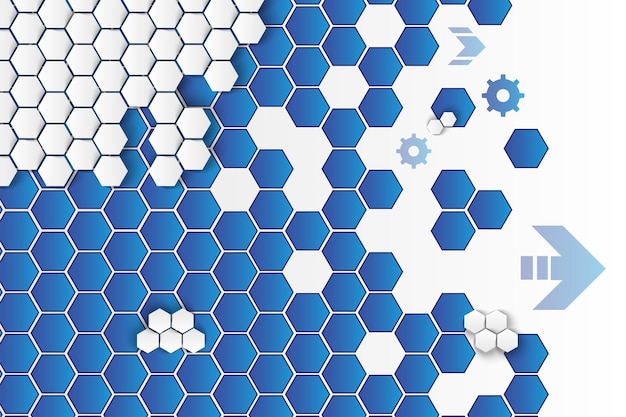 Hexagons and cogwheels vector background. minimalist blue and white honeycomb backdrop with arrow