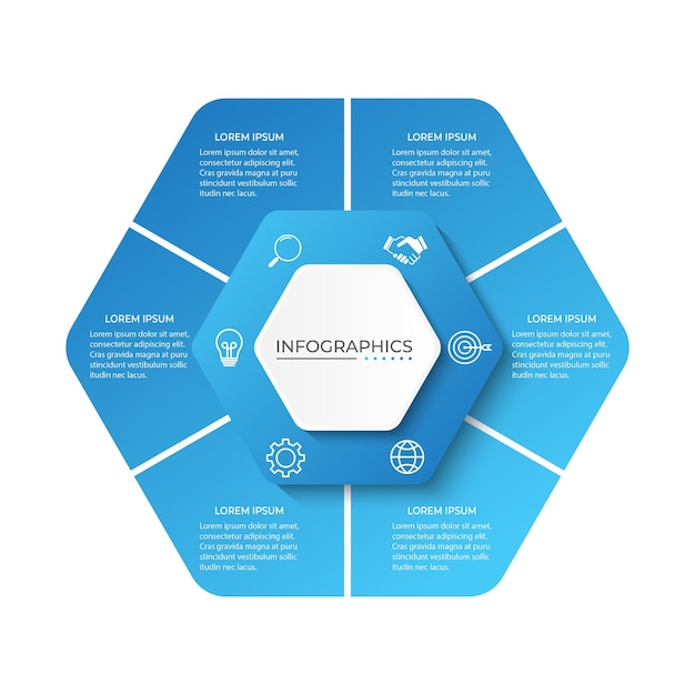 Vector hexagons graph infographic template with 6 options for presentation advertising layout