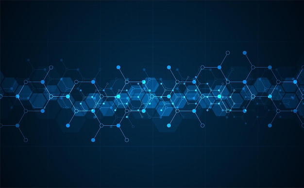 Hexagons pattern on blue background Genetic research molecular structure Chemical engineering Concept of innovation technology Used for design healthcare science and medicine background