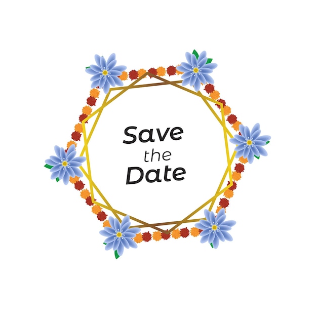 Vector hexgone save the date with marigold flowers garland decoration for wedding invitation