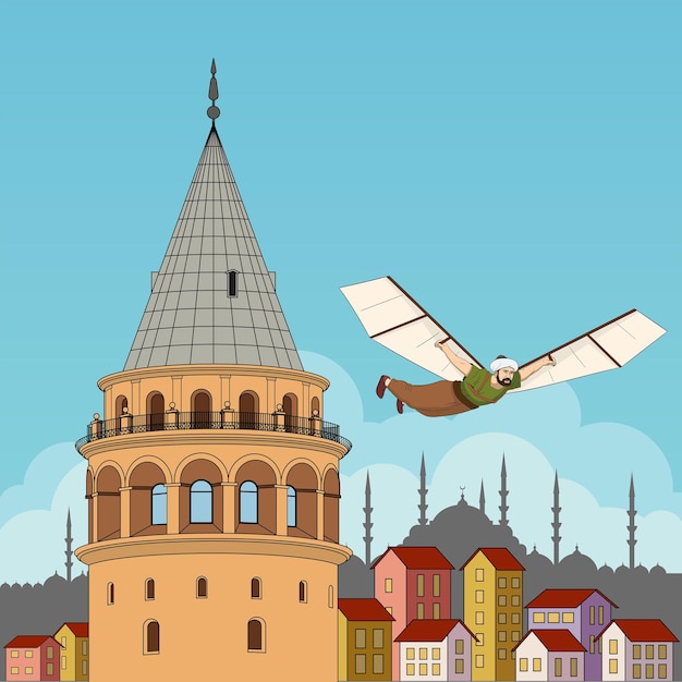 Vector hezarfen ahmed celebi a legendary ottoman aviator of istanbul