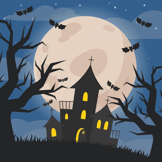 HHalloween illustratie van nachtlandschap met kasteel en volle maan