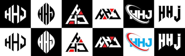 ベクトル 6 つのスタイルの hhj 文字ロゴ デザイン hhj 多角形、円、三角形、六角形のフラットでシンプルなスタイル、黒と白のカラー バリエーションの文字ロゴが 1 つのアートボードに設定 hhj ミニマリストとクラシックなロゴ