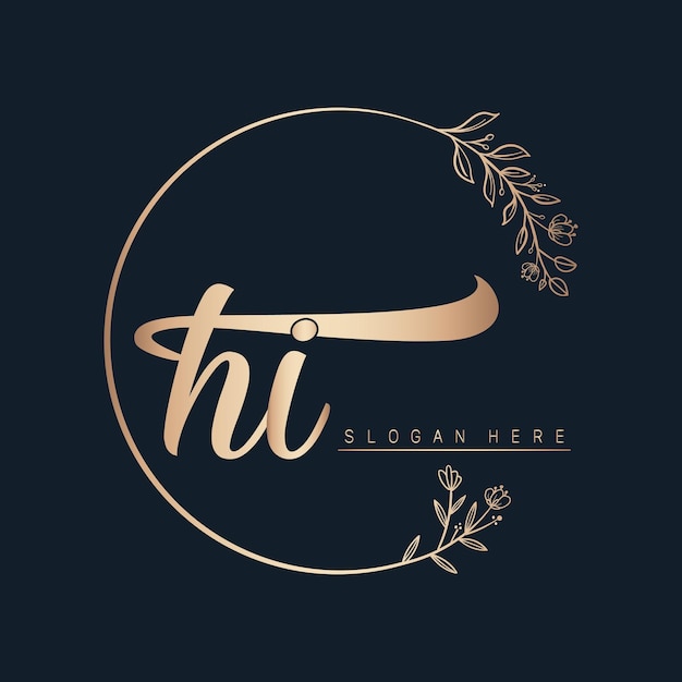 hi letter logo design with circle in gold color leaf and flower