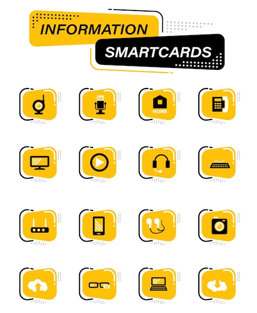 Icone vettoriali a colori hi tech sulle smart card informative per la progettazione dell'interfaccia utente
