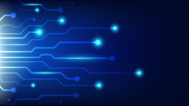 Hi tech digital circuit board. AI pad and electrical technology lines on blue lighting background