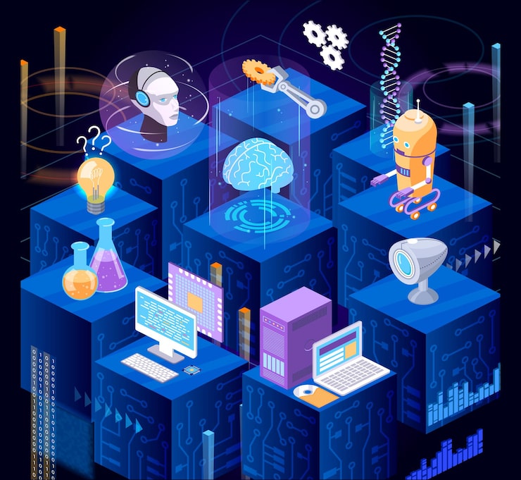 Vector hi tech office futuristic workflow isometric. modern people use digital display technology, robotic development, science laboratory searching, graphs analyzing, program coding improvement vector