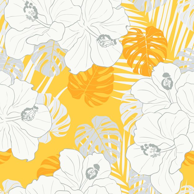 Hibiscus bloemen en bladeren naadloze patroon achtergrond. Inpakpapier of textiel in tropische natuur