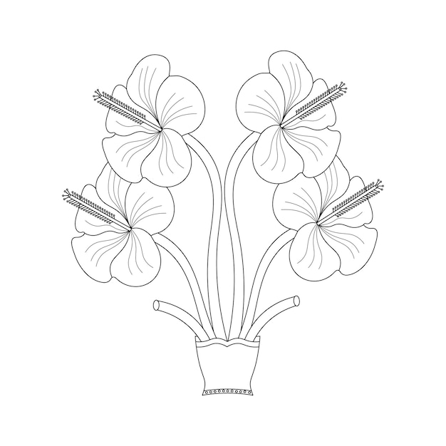 Hibiscus flower coloring page with line art flower sketch vector illustration