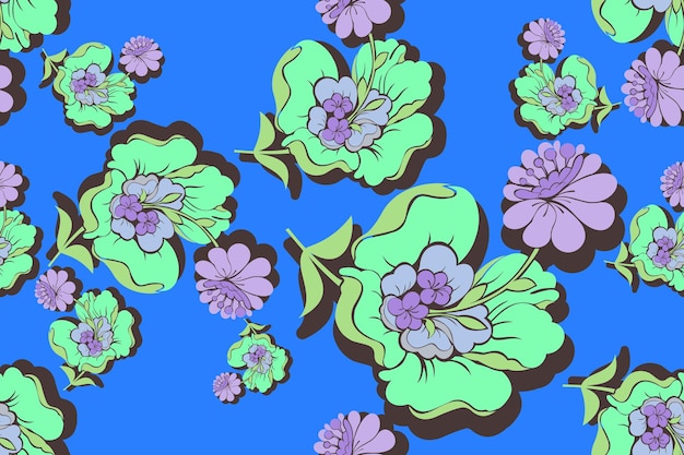 Vector hibiscus flower pattern seamlessly on blue background