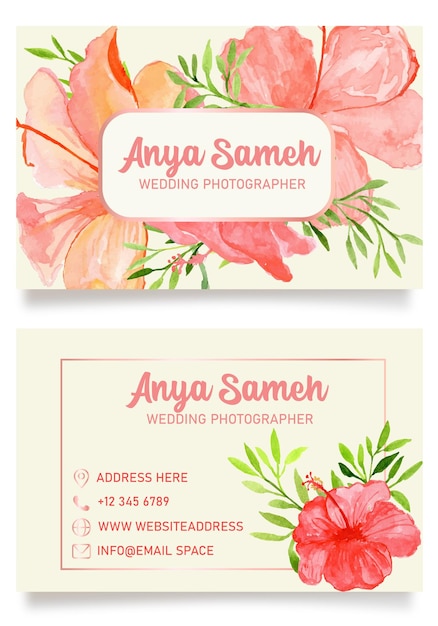 Hibiscus flower and rose gold frame watercolor business card