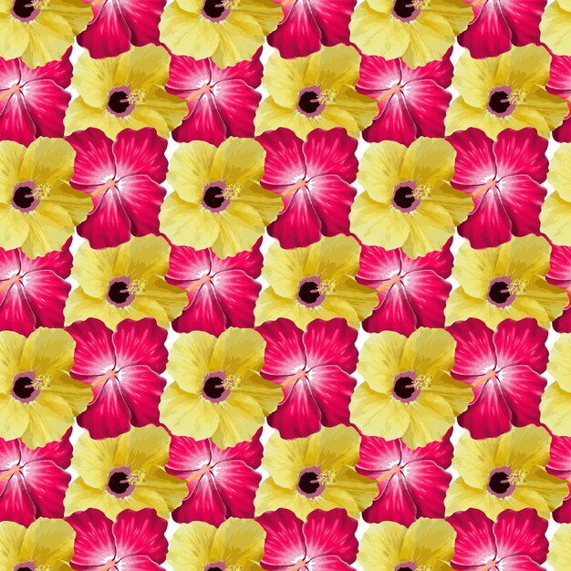 Hibiscus flower seamless pattern in red and yellow colors