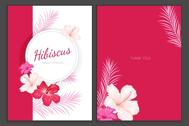 ベクトル ハイビスカスの花のデザイン テンプレート ヤシの葉のフレームと赤ピンクの熱帯の花