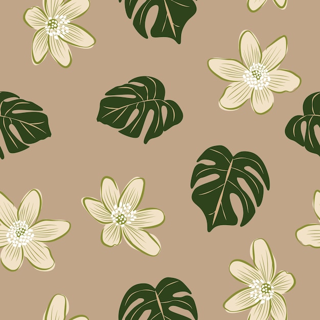 Hibiscus flowers and leaves seamless pattern background. Tropical nature wrapping paper or textile