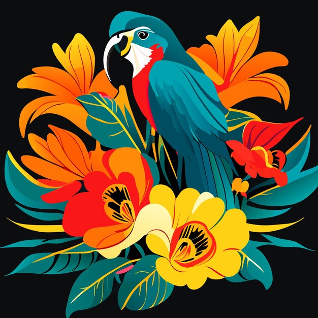 Vector hibiscus macaw and parrot flower and tropical plants