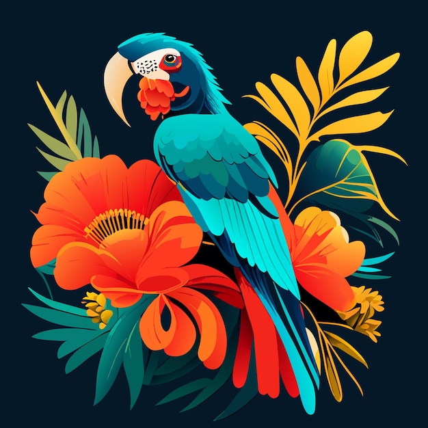 Vector hibiscus macaw and parrot flower and tropical plants