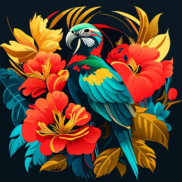 Hibiscus macaw and parrot flower and tropical plants