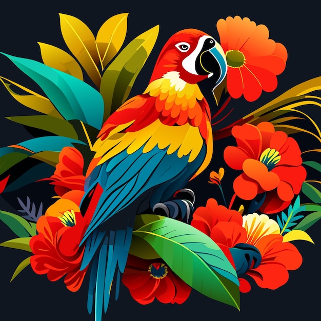 Vector hibiscus macaw and parrot flower and tropical plants