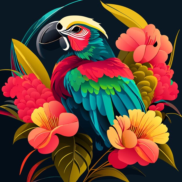 Vector hibiscus macaw and parrot flower and tropical plants