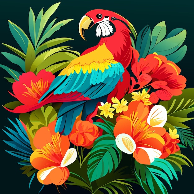 Hibiscus macaw and parrot flower and tropical plants