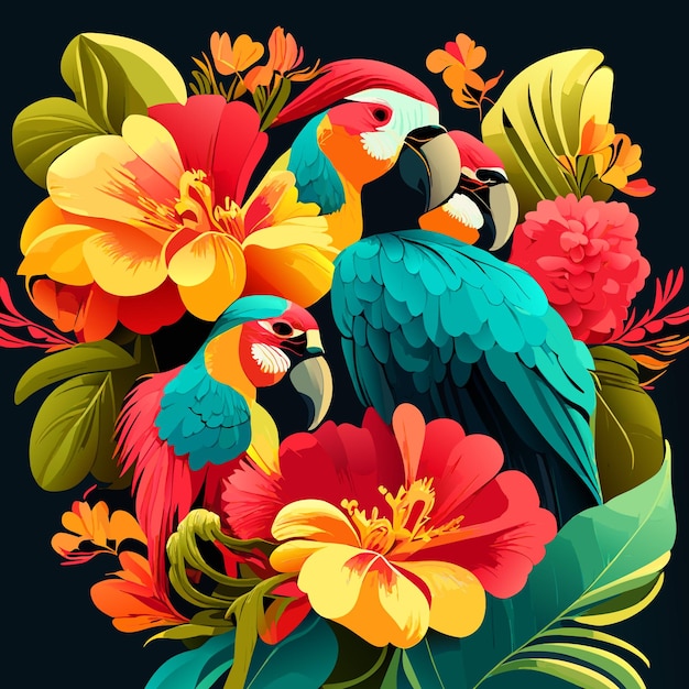 Vector hibiscus macaw and parrot flower and tropical plants