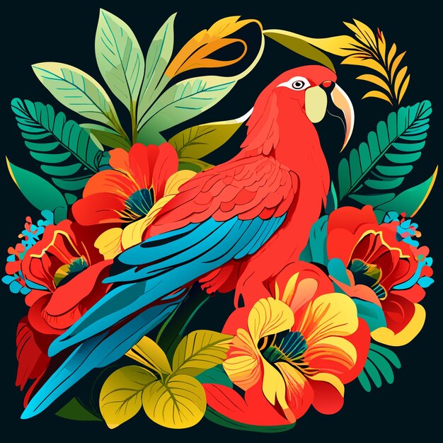 Vector hibiscus macaw and parrot flower and tropical plants