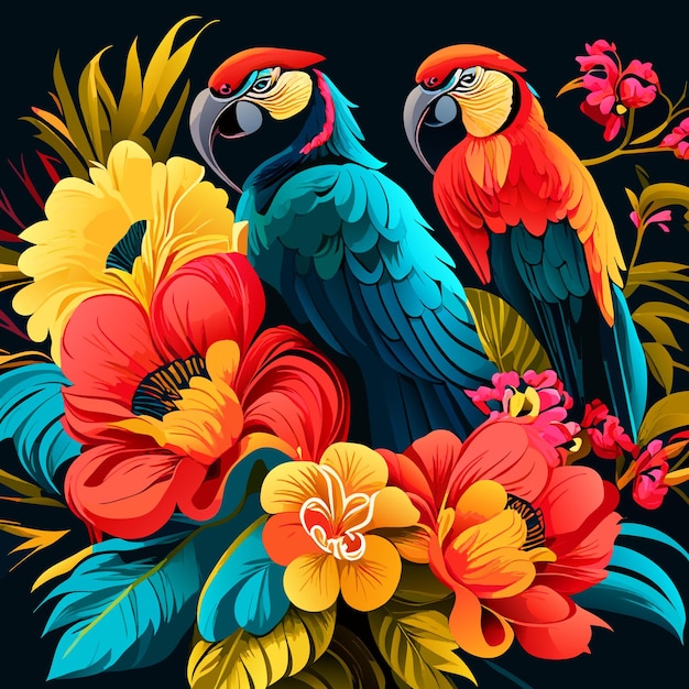 Vector hibiscus macaw and parrot flower and tropical plants