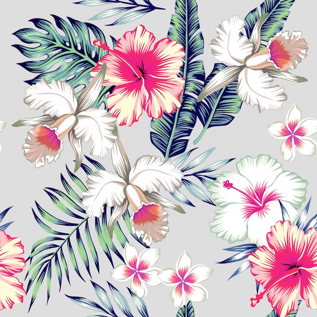 Vector hibiscus and orchids tropical seamless pattern