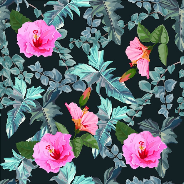 Hibiscus and tropical leaves seamless pattern-vector