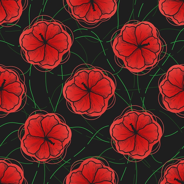 Hibiscus vector seamless pattern Hand drawn line doodle flowers Abstract shapes red green black