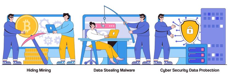 Vector hidden mining, data stealing malware, cyber security data protection concept with tiny people. cyber crime vector illustration set. miner bot, script development, hacker attack, cyber attack metaphor.