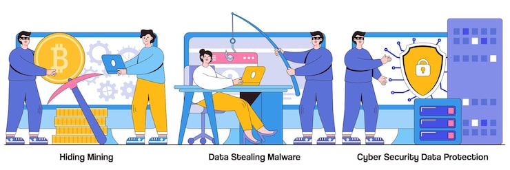 Vector 隱藏的挖礦,盜取數據的惡意軟件,與小人的網絡安全數據保護概念.網絡犯罪向量插圖集.礦工機器人,脚本開發,黑客攻擊,網絡攻擊比喻.