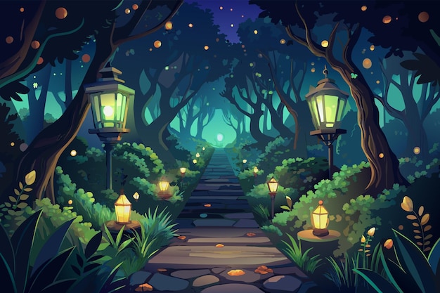 Vector a hidden pathway lined with glowing lanterns and twinkling fireflies leading to a secret garden filled with wonder and delight