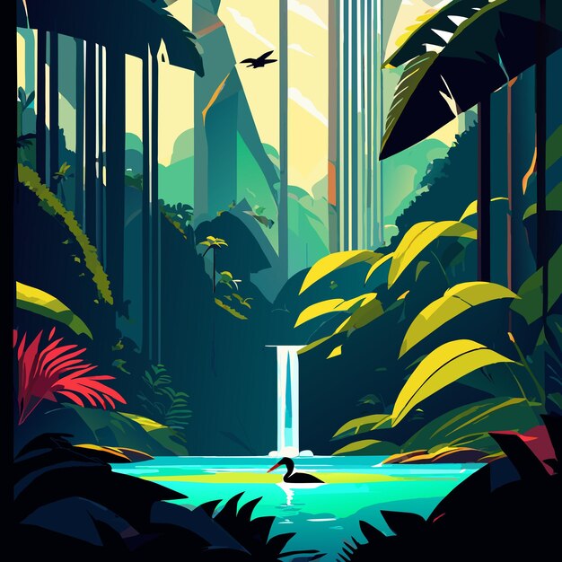 Vector hidden waterfall in lush jungle