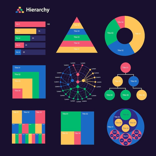 Вектор Набор шаблонов дизайна инфографической диаграммы иерархии для темной темы