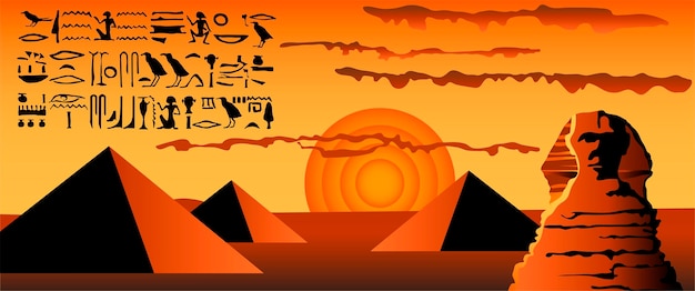 Vector hieroglyphs of ancient egypt on the background of the pyramids and the sphinx