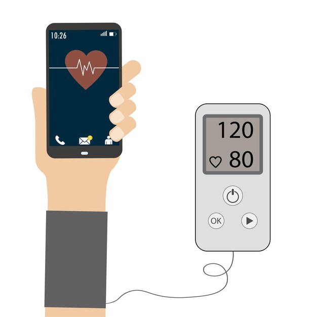 Vector high blood pressure concept measuring blood pressure smart phone in hand stock vector illustration