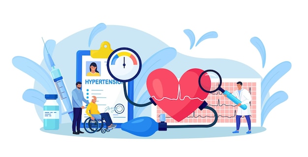 High blood pressure measuring. tiny doctor consulting disabled elder patient with cardiology disease. cardiologist diagnosis and treat hypotension and hypertension. medical examination, checkup