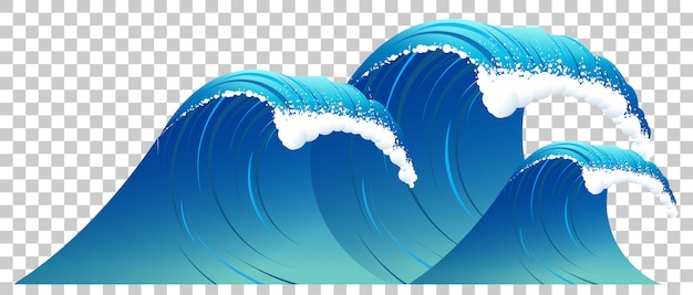 High blue wave with white foam isolated. Clear water on transparent background