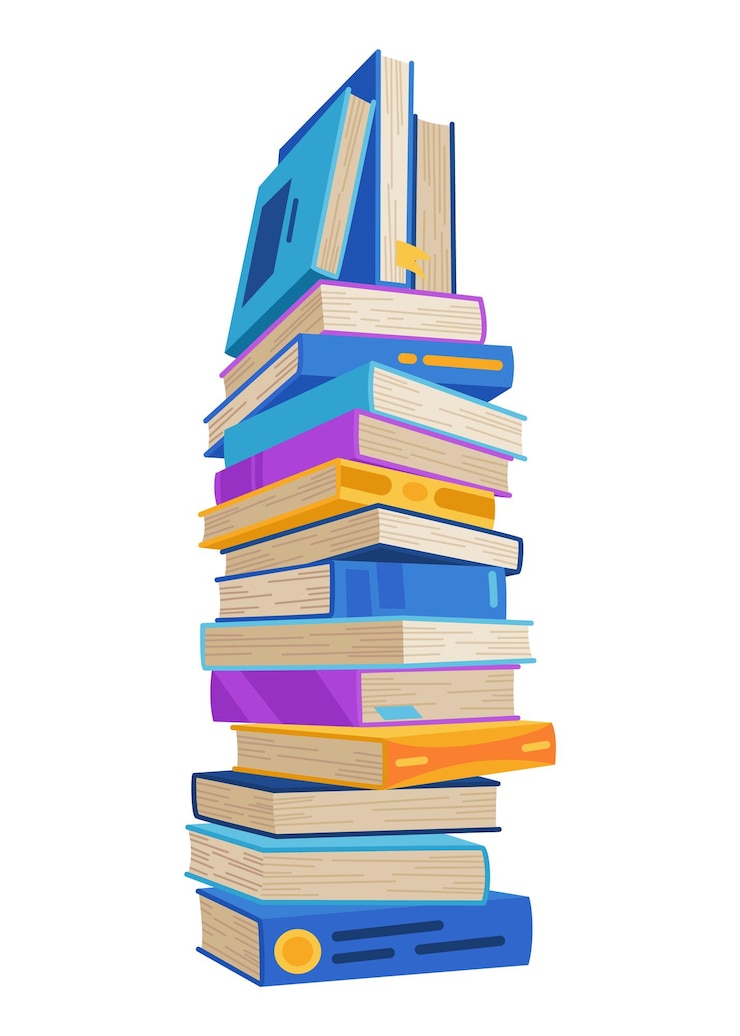 Vector high book stacks or pile library textbooks and school literature heaps dictionaries bookstore advertise cartoon stacked books angle view with different colorful covers isolated on white