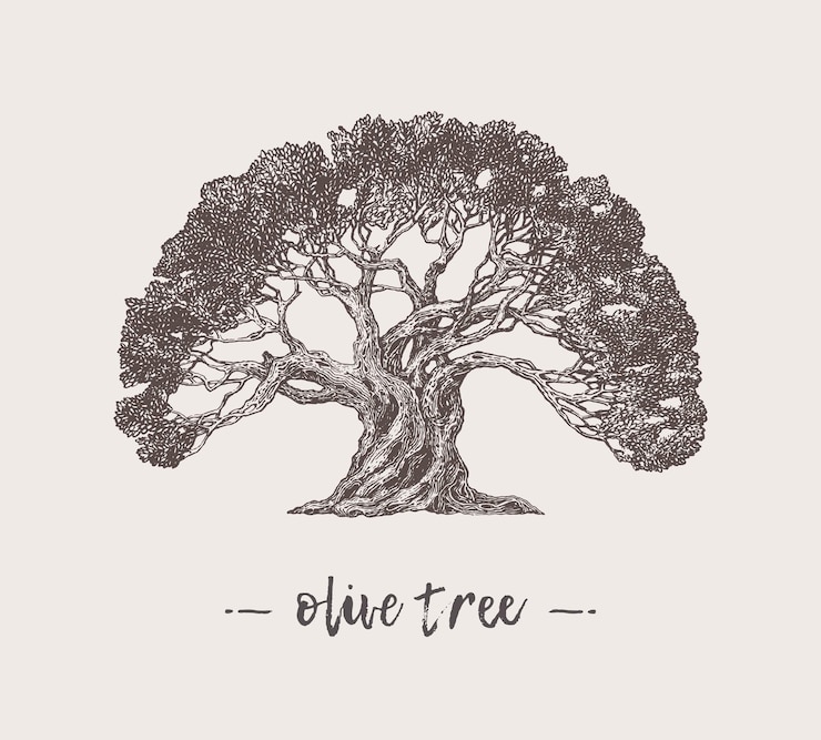 Vector high detail illustration of an old olive tree, hand drawn, vector