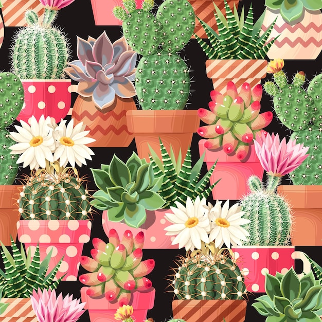 High detail succulent and cactus seamless pattern