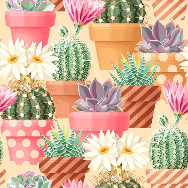 Vector high detail succulent and cactus vector seamless pattern on biege background