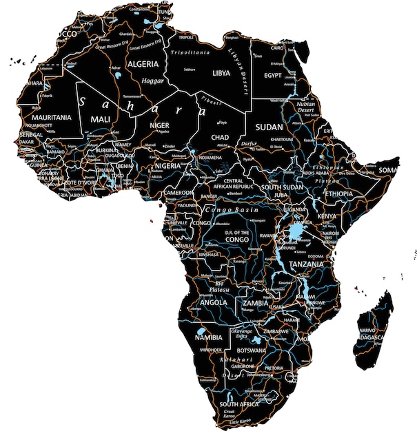 Vettore mappa stradale dettagliata dell'africa con etichettatura nera