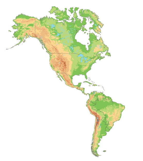 Vettore mappa fisica delle americhe altamente dettagliata